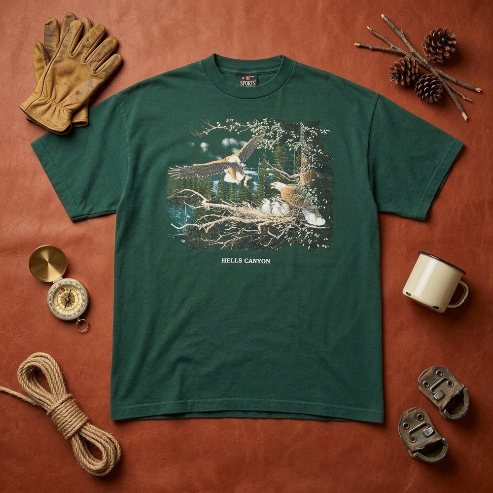 Vintage 90s Hells Canyon Eagle Graphic T-Shirt Mens XL Green USA Made Nature